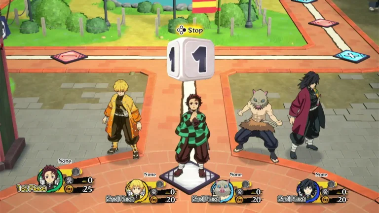Ein Screenshot aus Demon Slayer - Kimetsu no Yaiba: Sweeb the Board zeigt verschiedene Figuren des Spiels auf einem Spielbrett.