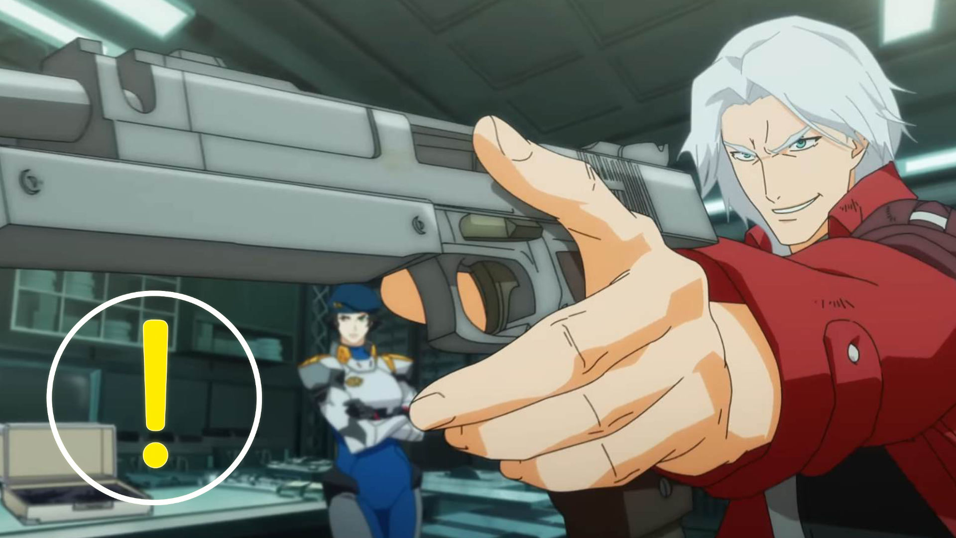 A man with white hair is holding a gun in his hand and grinning.