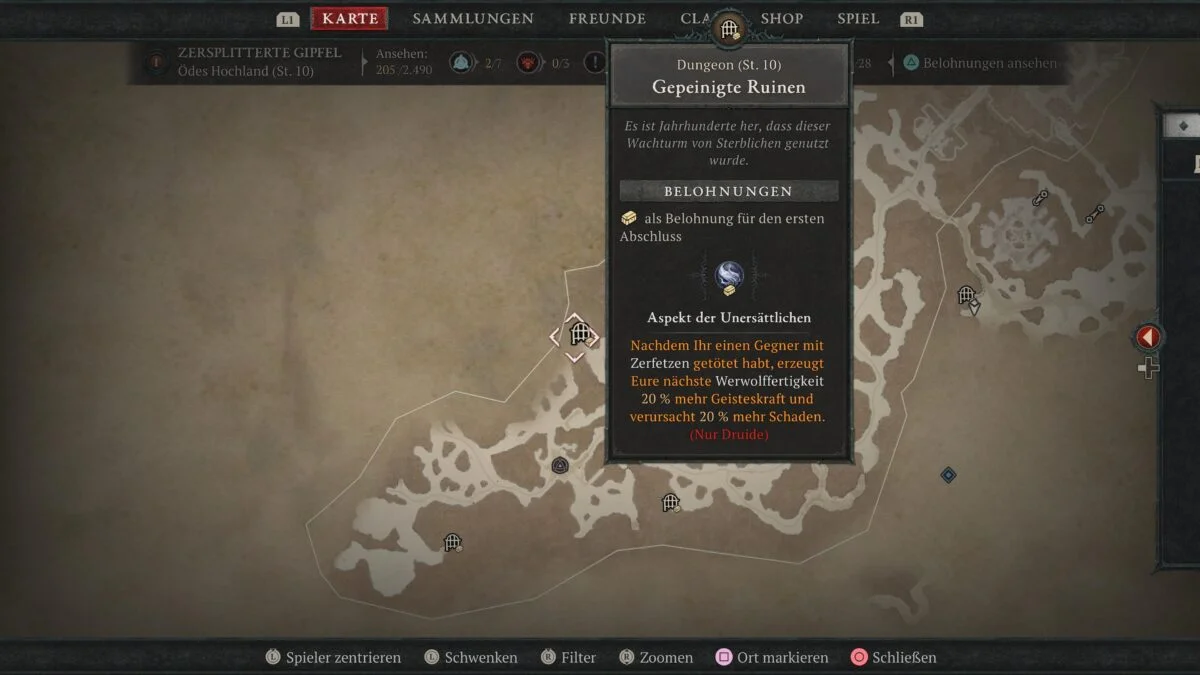 Auf der Karte von Diablo 4 zeigt eine Info-Tafel Informationen zu einem Dungeon an.