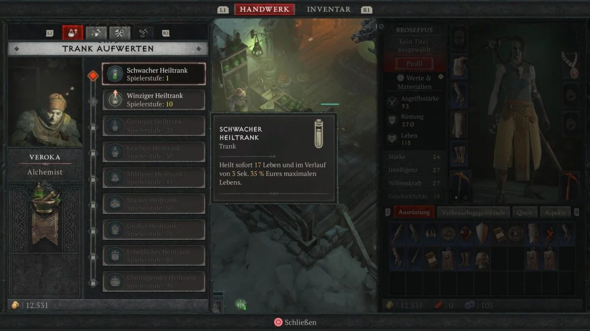 Das Handwerker-Menü des Alchemisten in Diablo 4.