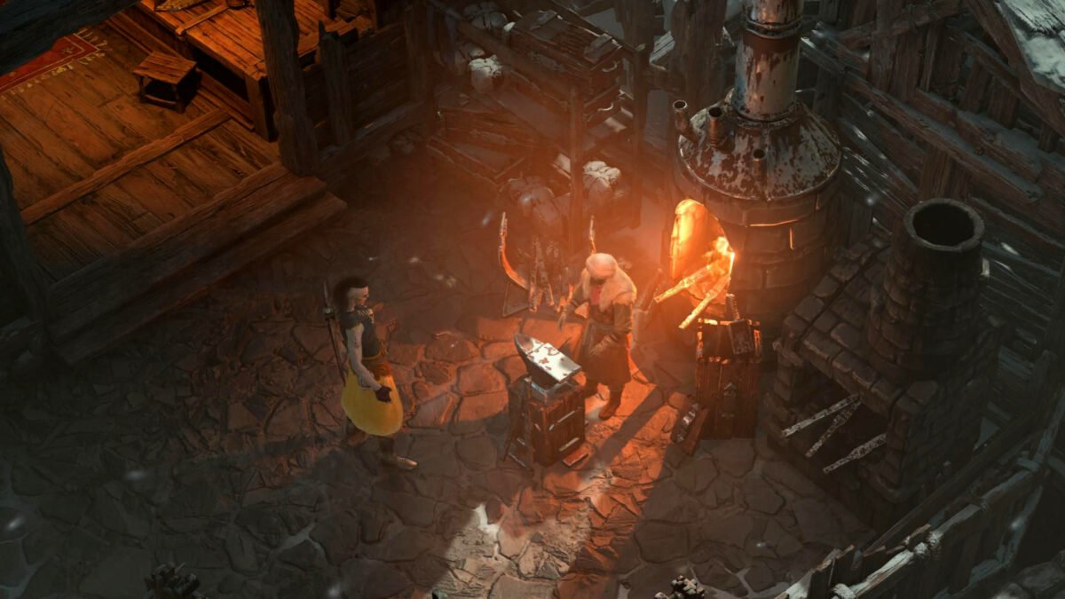 Der Schmied in Diablo 4 zeigt sein Handwerk am Amboss.