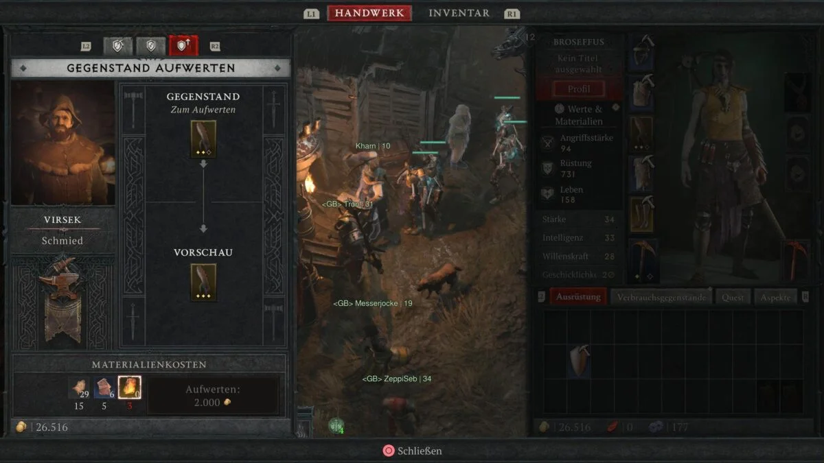 Das Handwerker-Menü des Schmieds in Diablo 4.