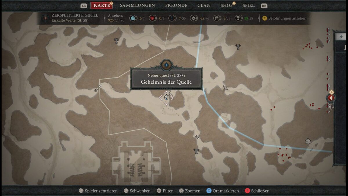 Auf der Karte ist der Queststart von "Geheimnis der Quelle" in Diablo 4 zu sehen.