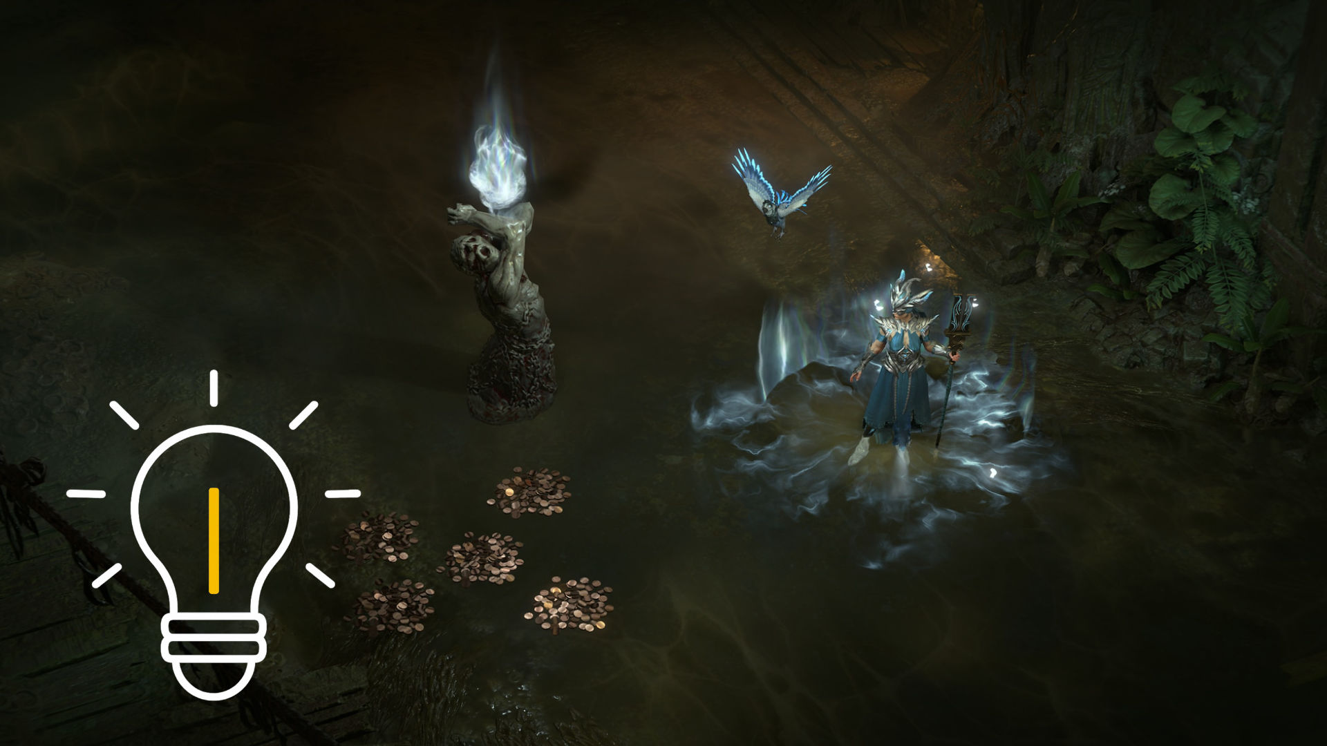 Ein Krieger steht vor einer Steinstatue, drumherum Geld auf dem Boden.