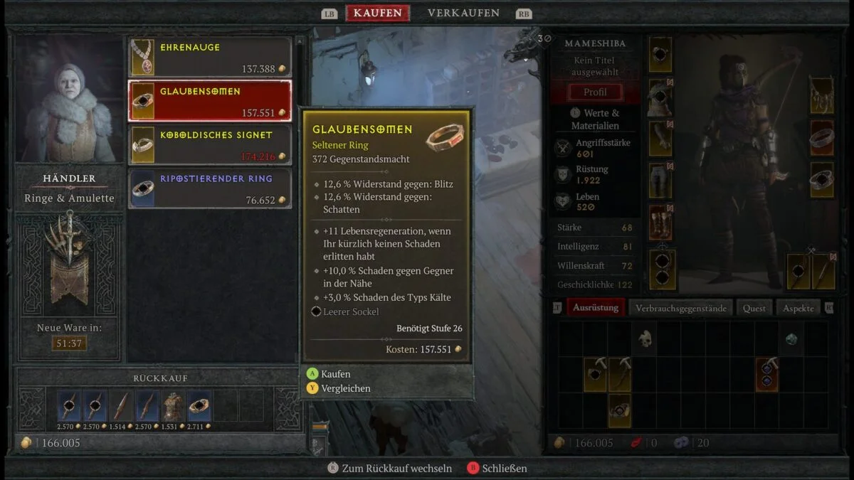 In Diablo 4 könnt ihr Ringe und Amulette beim Händer kaufen.