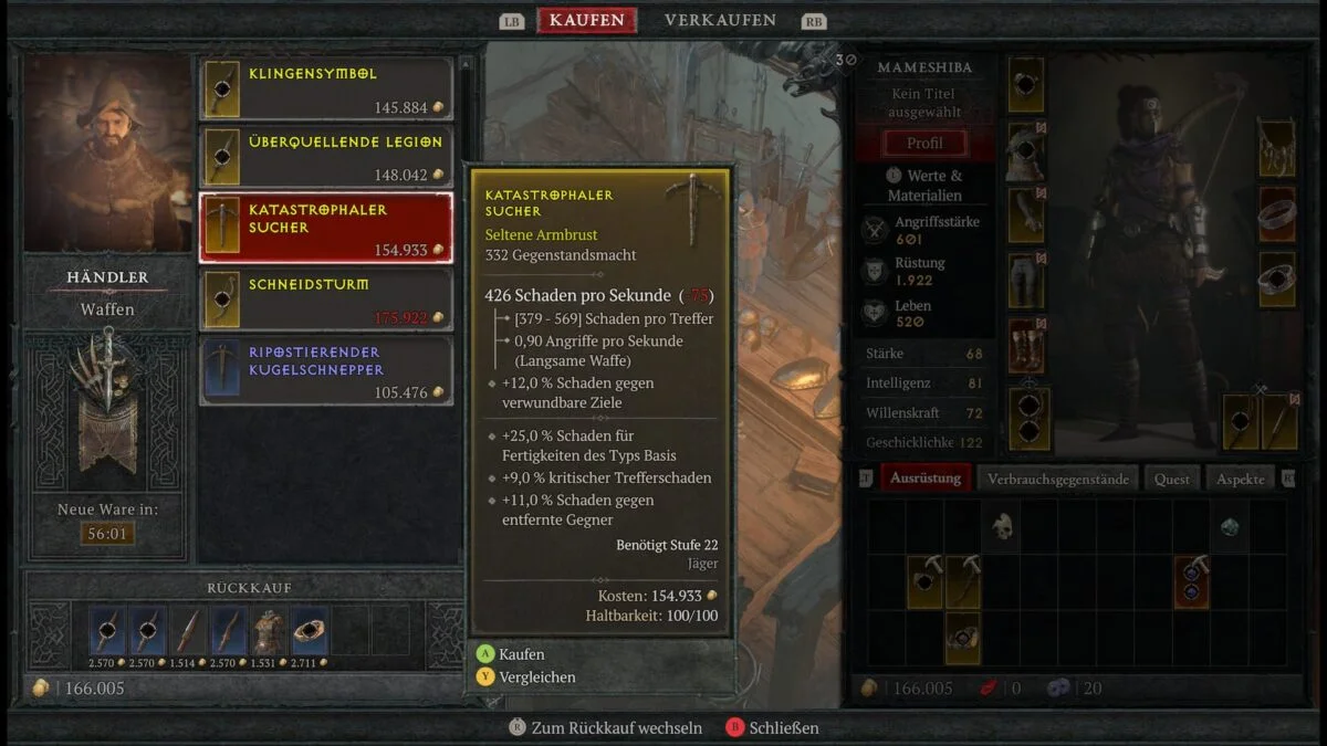 In Diablo 4 könnt ihr beim Händler für Waffen neue Äxte, Schwerter, Dolche, Armbrüste usw. kaufen.