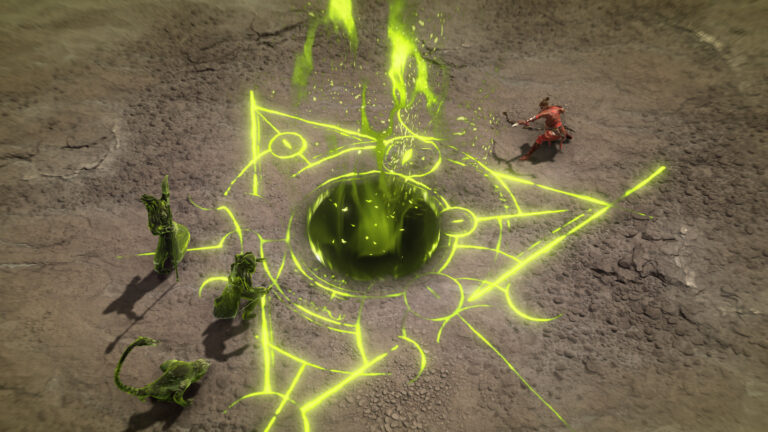 Ein Krieger aus Diablo 4 steht vor mehreren Gegnern, während ein grüner Zauber mittig wirkt.