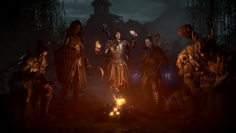 Die fünf Klassen Barbar, Totenbeschwörer, Jäger, Zauberer und Druide stehen um ein Lagerfeuer herum.