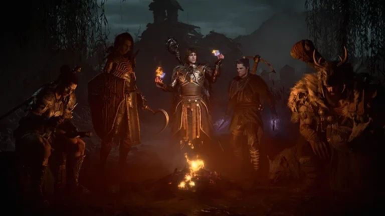 Die fünf Klassen Barbar, Totenbeschwörer, Jäger, Zauberer und Druide stehen um ein Lagerfeuer herum.