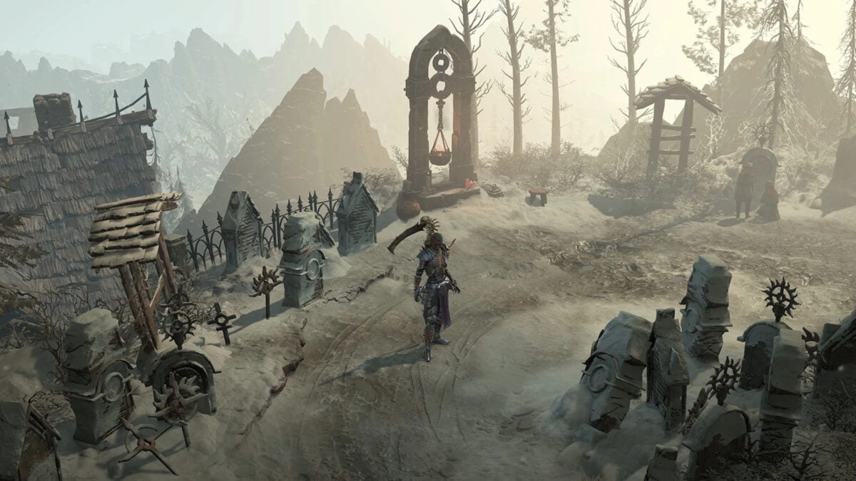 Das Titelbild für unseren Diablo 4 Level Guide zeigt einen Totenbeschwörer auf einem Friedhof.