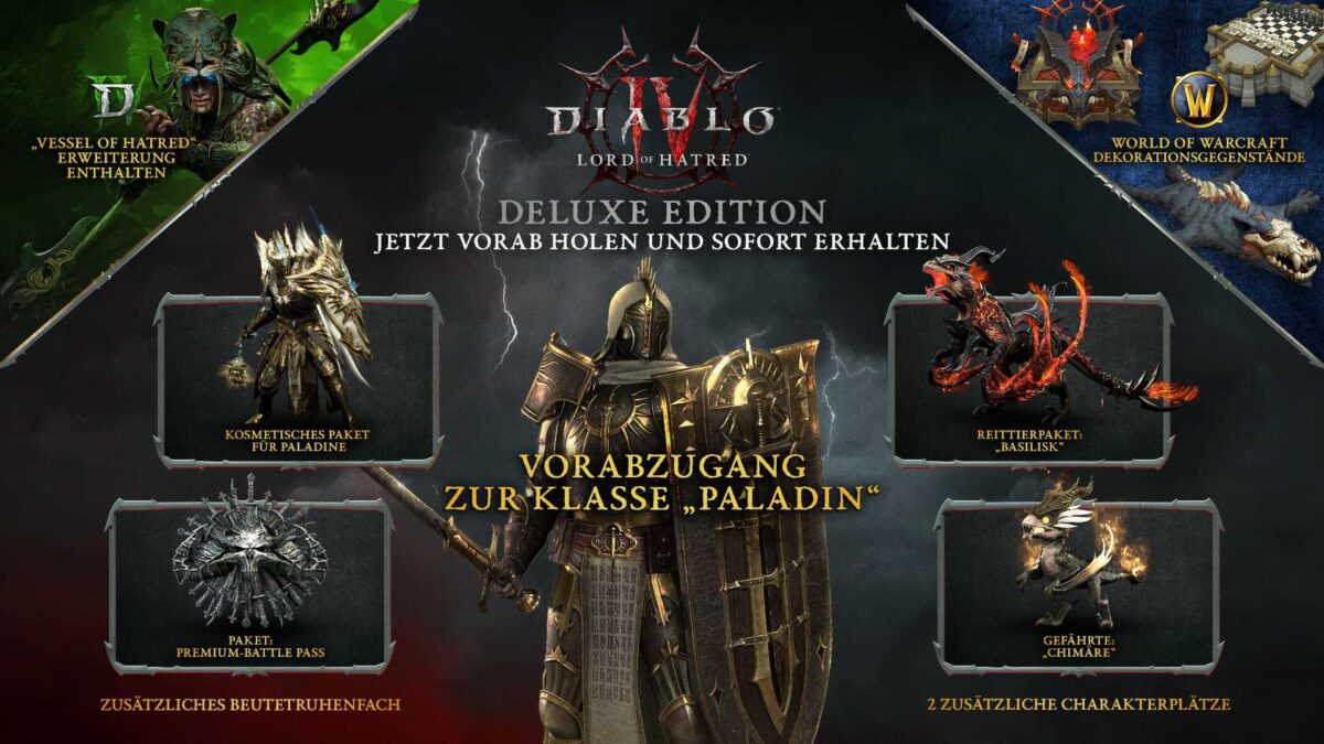 Übersicht zur Diablo-4-Deluxe-Edition: Paladin-Vorabzugang, kosmetische Inhalte, Reittier „Basilisk“ und Premium-Battle-Pass im Überblick.