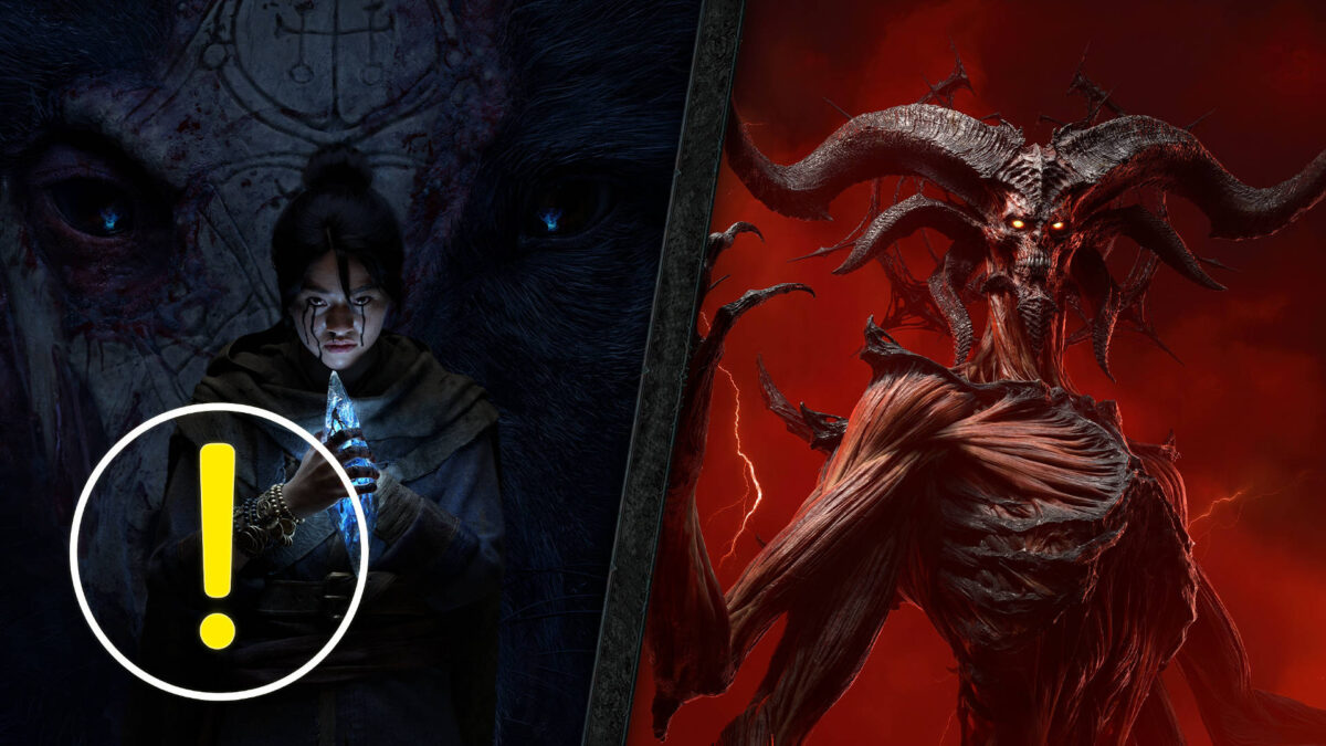 Düstere Diablo-4-Keyart: Magierin mit leuchtendem Artefakt steht einem dämonischen Herrscher gegenüber – epischer Konflikt von Licht und Hölle.