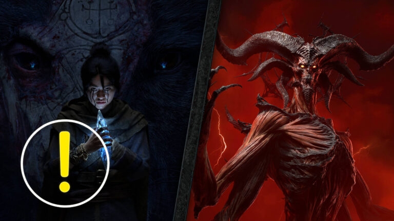 Düstere Diablo-4-Keyart: Magierin mit leuchtendem Artefakt steht einem dämonischen Herrscher gegenüber – epischer Konflikt von Licht und Hölle.