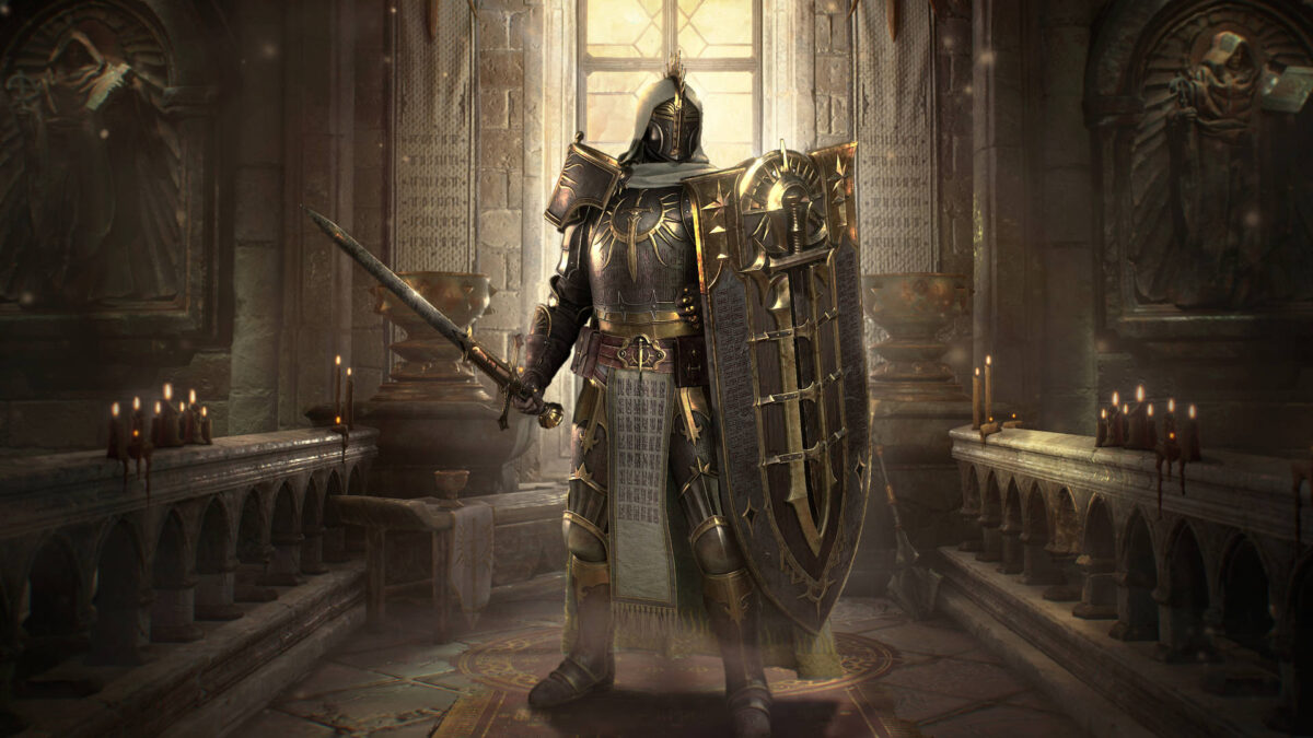 Gepanzerter Paladin mit Schwert und Schild in einer Kathedrale – neue spielbare Klasse in Diablo 4: Lord of Hatred.