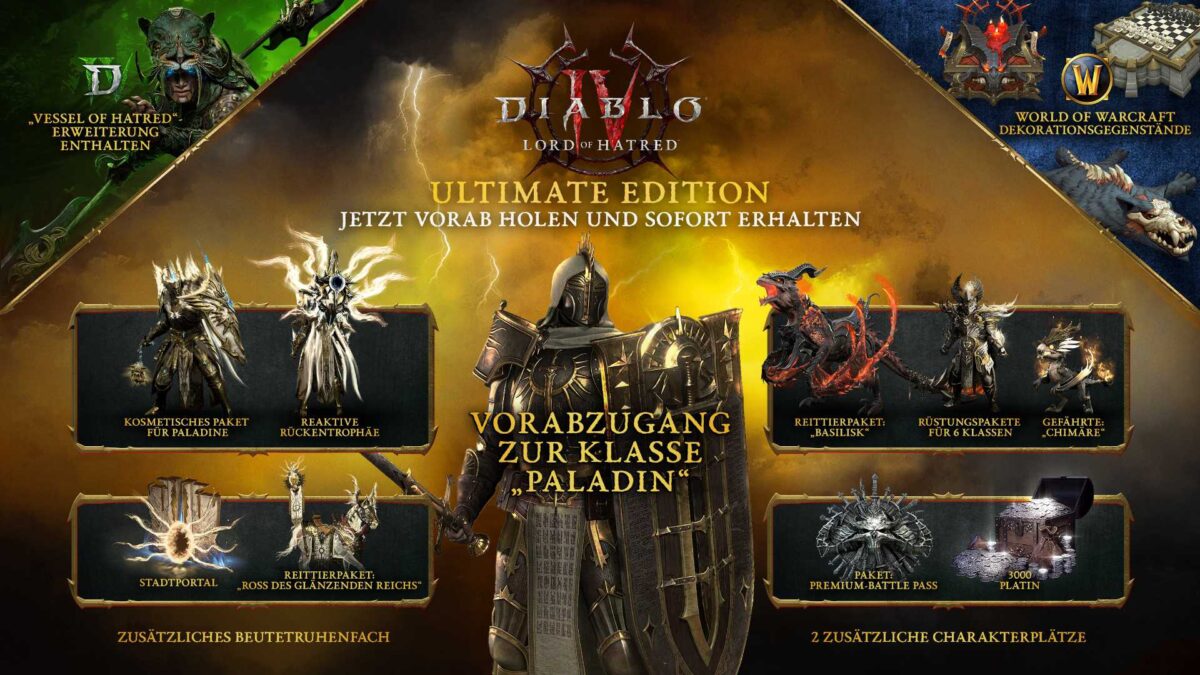 Diablo-4-Ultimate-Edition mit Paladin-Vorabzugang, exklusiven Rüstungen, Reittieren, Premium-Battle-Pass und zusätzlichem Platin.