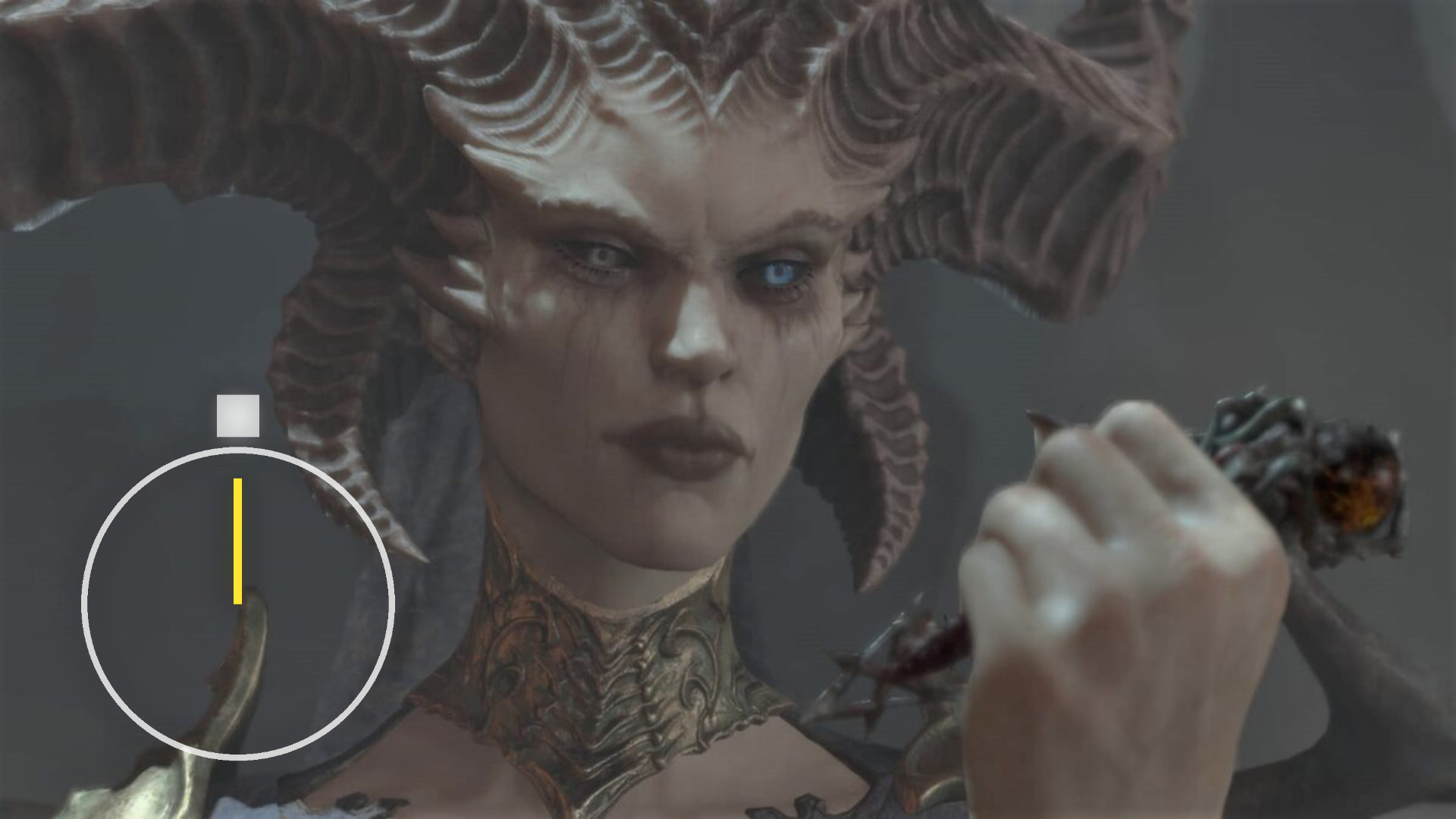 A woman with different colored eyes and horns on her head.