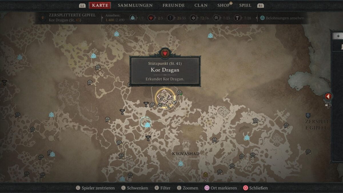 Der Fundort des Stützpunkts "Kor Dragan" auf der Karte von Diablo 4.