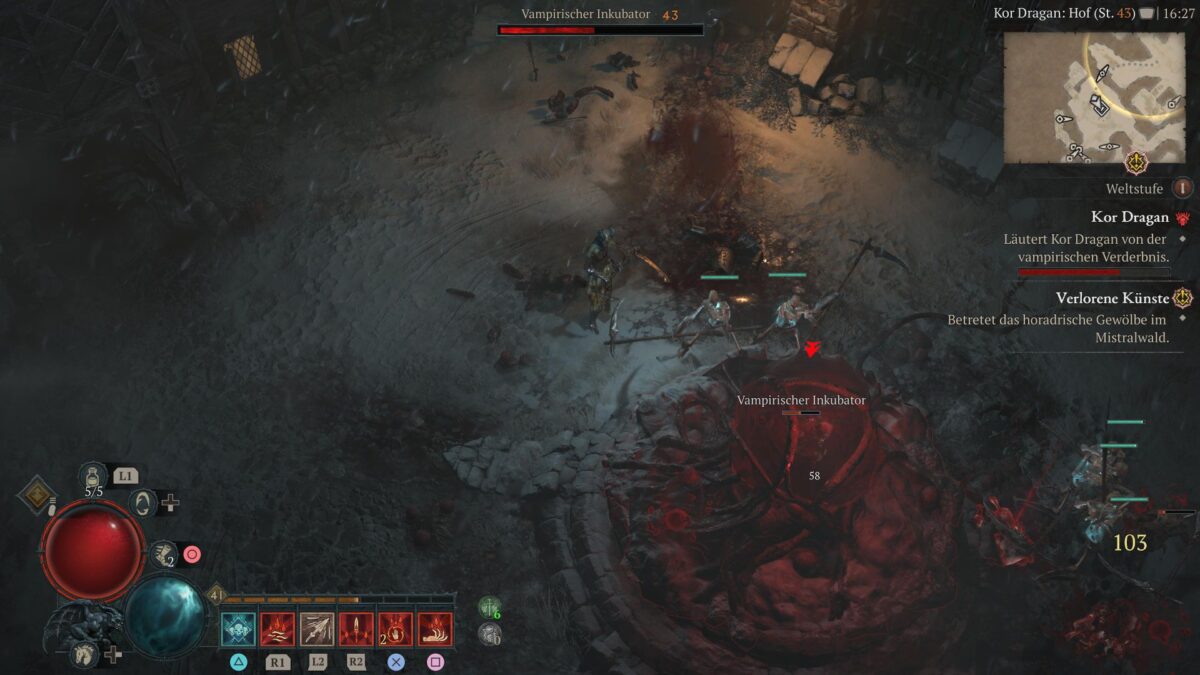 Eine rote pulsierende Wucherung wird in Diablo 4 von Skelettkriegern angegriffen. 