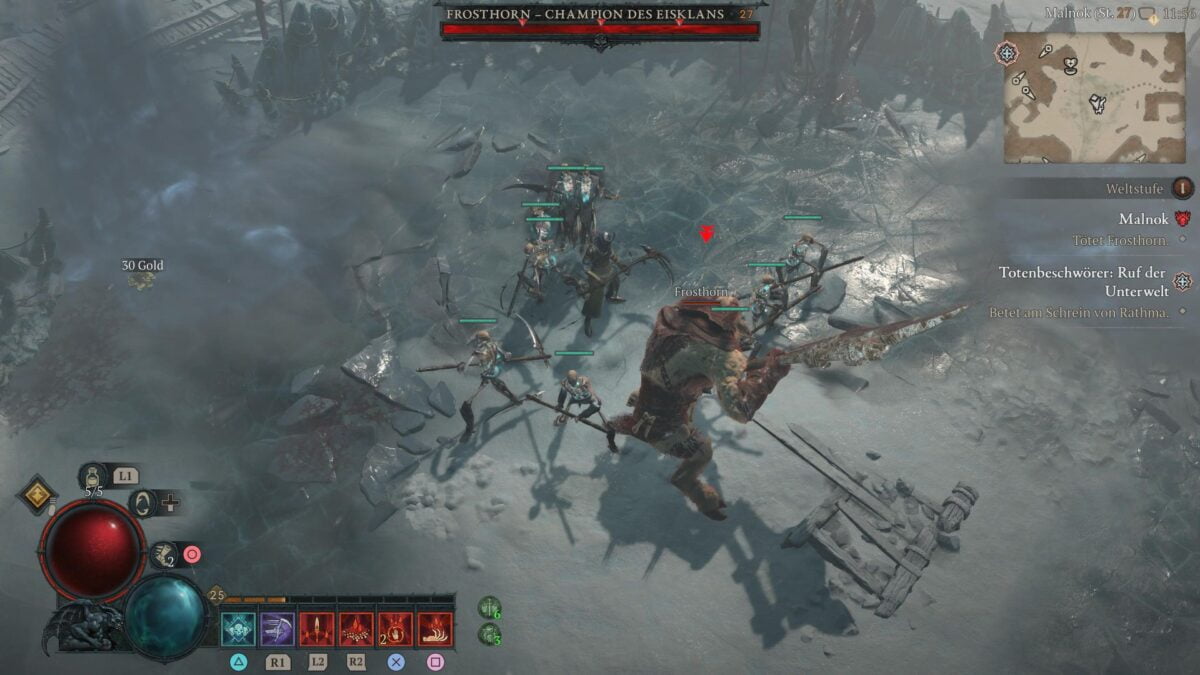 Boss Frosthorn zieht in Diablo 4 mit der Axt auf, während er von Skelett-Kriegern umzingelt wird.