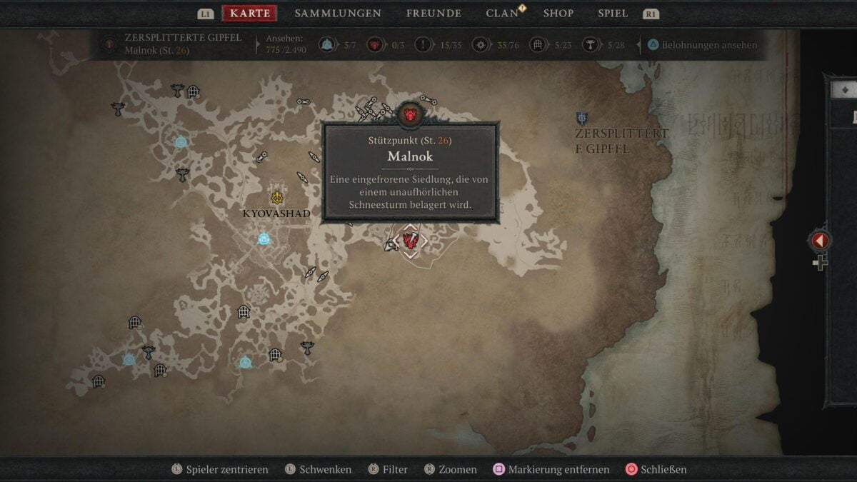 Der Stützpunkt Malnok auf der Karte von Diablo 4.