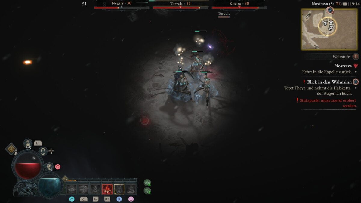 Ein Boss-Kampf in Diablo 4 zwischen einem Totenbeschwörer und drei Dämonen, bei dem es plötzlich dunkel wird. 