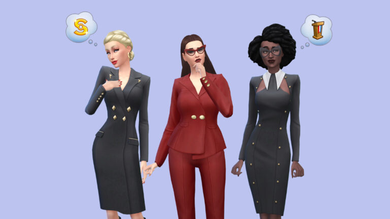 Drei Sims, die elegante Business-Outfits tragen.