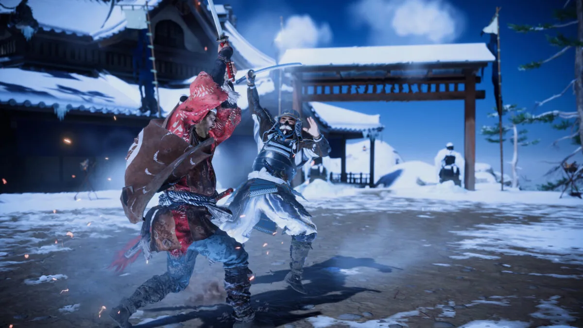 Zwei Kömpfer aus Ghost of Tsushima in schneebedeckter Umgebung.