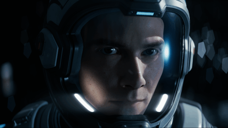 Ein Astronaut im Raumanzug mit entschlossenem Blick.