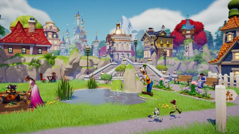 Das Dreamlight Valley mit Goofy, Wall-E und Charakteren aus Toy Story.