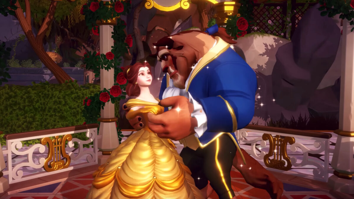 Belle and the Beast dancing hand in hand.