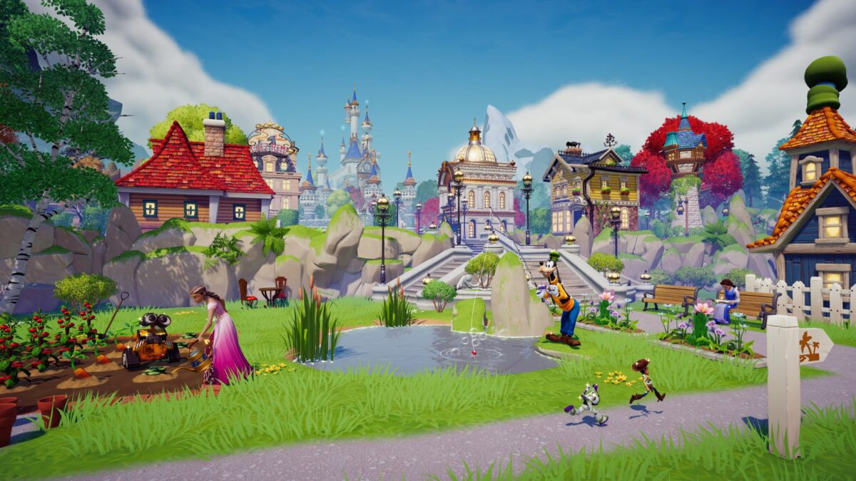 Ein grünes Tal mit mehreren Disney-Charakteren.