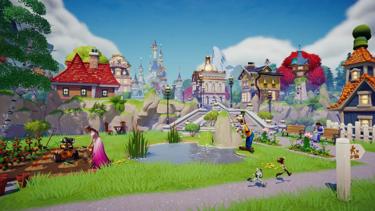 Ein grünes Tal mit mehreren Disney-Charakteren.