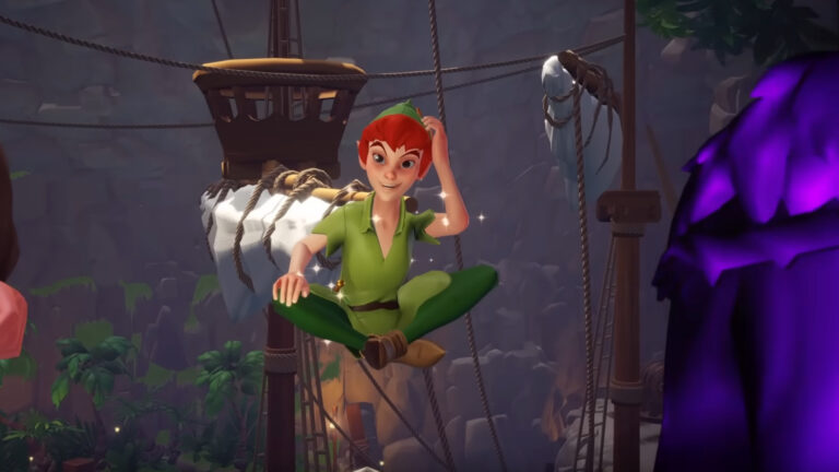 Peter Pan schwebt über einem Holzschiff im Schneidersitz.