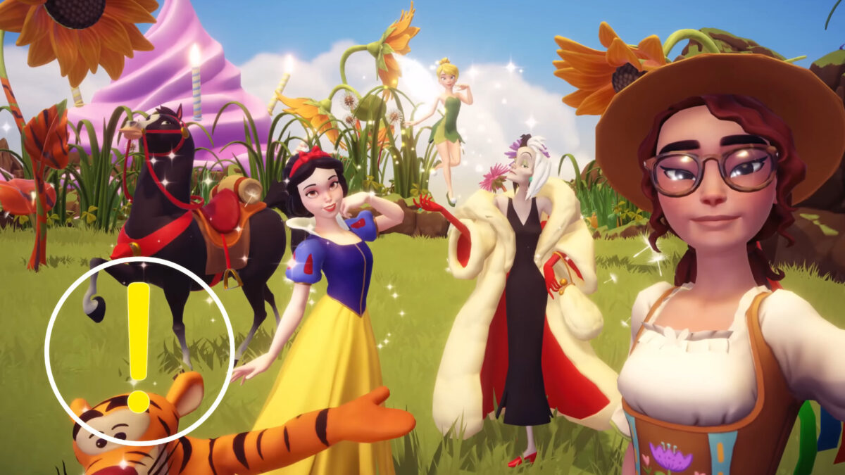 Schneewittchen, Cruella und Tiger stehen in Tal von DIsney Dreamlight Valley.