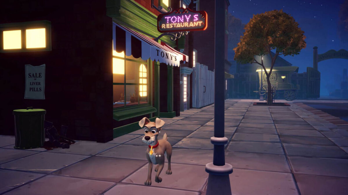 Strolch steht neben einem Restaurant auf dem Bürgersteig.