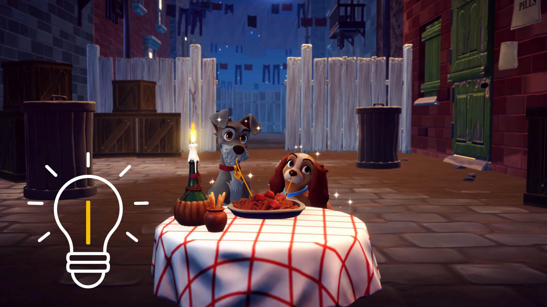 Susi und Strolch essen Spaghetti an einem Tisch.