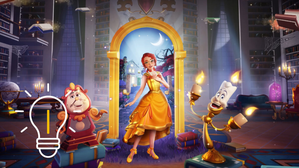 A woman stands in the center under a glowing golden arch next to Lumiere and Cogsworth.