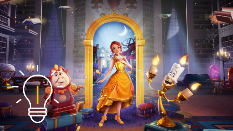 A woman stands in the center under a glowing golden arch next to Lumiere and Cogsworth.