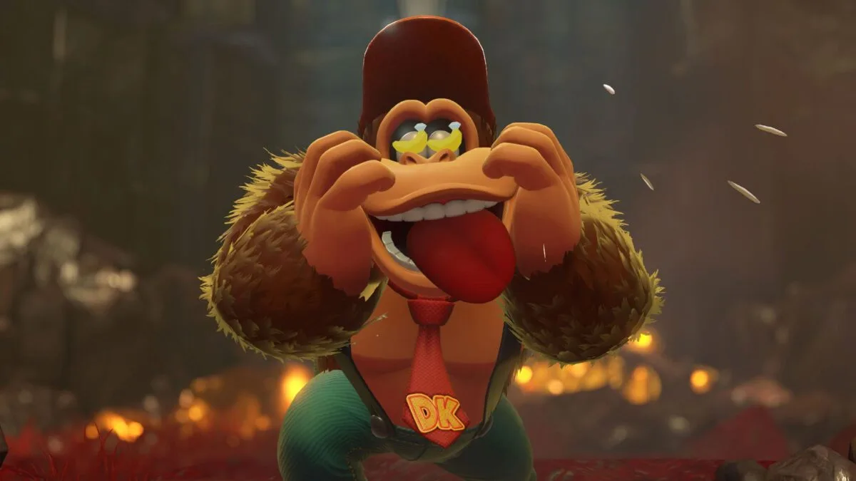 Donkey Kong, ein Cartoon-Affe mit Cap und Krawatte sieht nur noch Bananen und ist hin und weg.