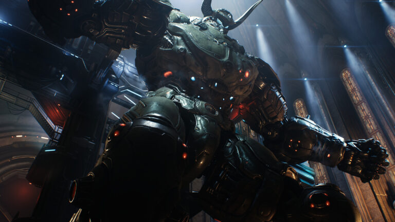 Ein gigantisches Roboterwesen mit Teufelshörnern.