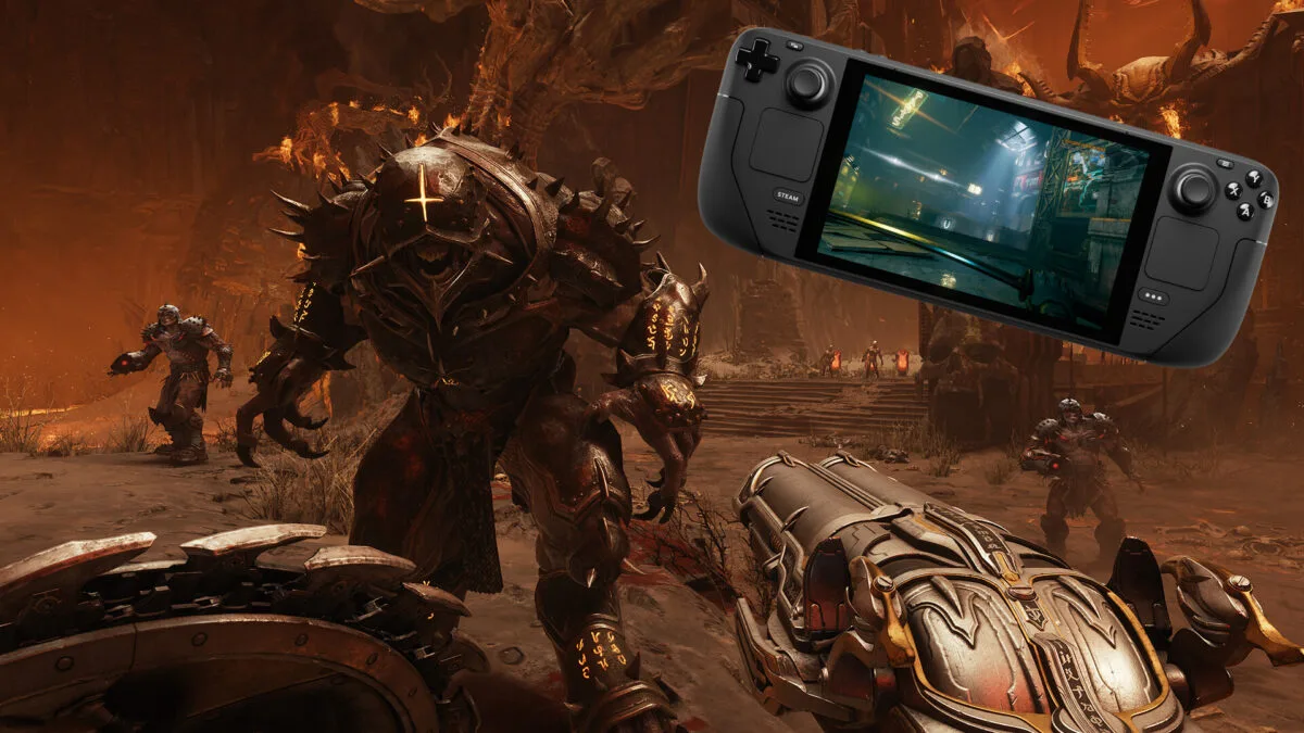 Eine Spielszene aus Doom: The Dark Ages zeigt ein Monster mit aufgerissenem Maul und einem umgekehrten Kreuz auf dem Helm.