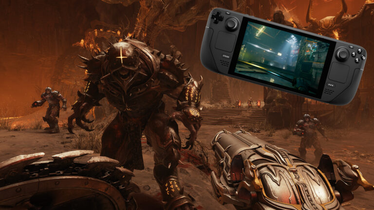 Eine Spielszene aus Doom: The Dark Ages zeigt ein Monster mit aufgerissenem Maul und einem umgekehrten Kreuz auf dem Helm.