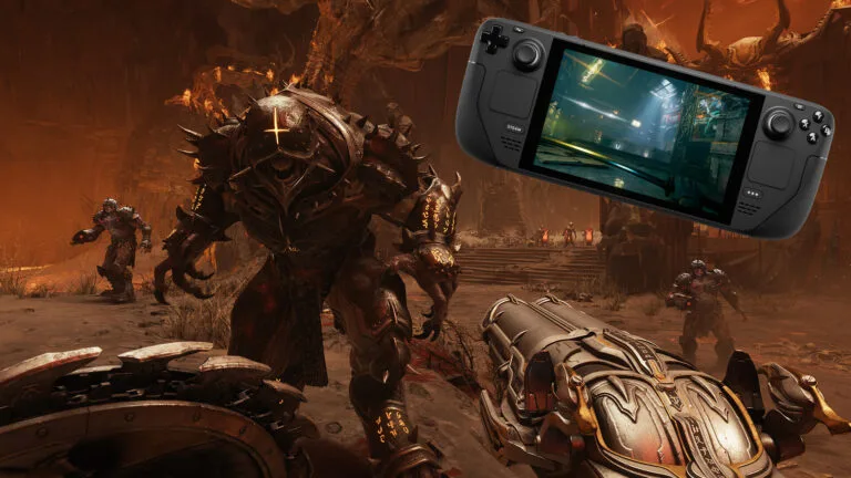 Eine Spielszene aus Doom: The Dark Ages zeigt ein Monster mit aufgerissenem Maul und einem umgekehrten Kreuz auf dem Helm.