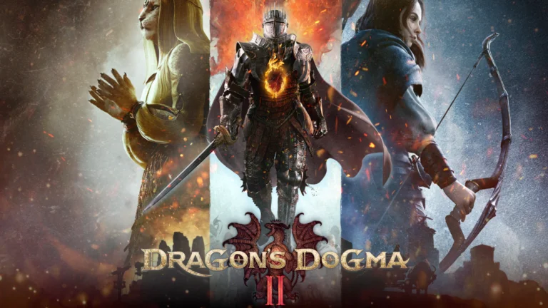 Drei Charaktere vor dem Dragon's Dogma 2-Logo.