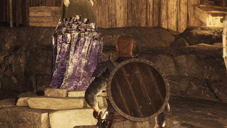 Die Spielfigur in Dragon's Dogma 2 steht vor einem violett leuchtenden Zielkristall.