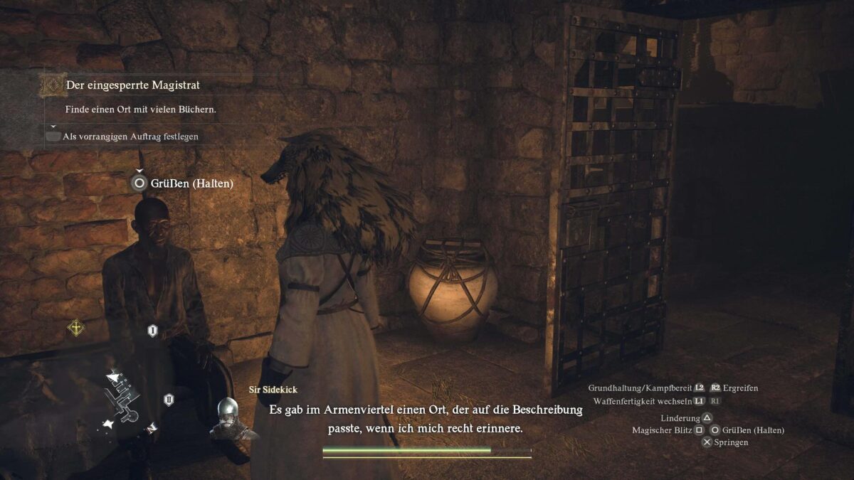 Eine Frau mit einer Wolfsmaske spricht einen Gefangenen in einem Kerker in Dragon's Dogma 2 an.