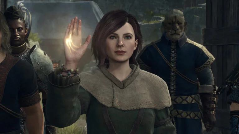 Ein Ausschnitt aus Dragon's Dogma 2 zeigt eine Frau, die ihre rechte Hand hebt.