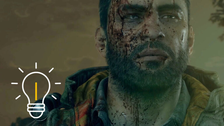 A man with a blood-covered face looks determinedly in one direction.