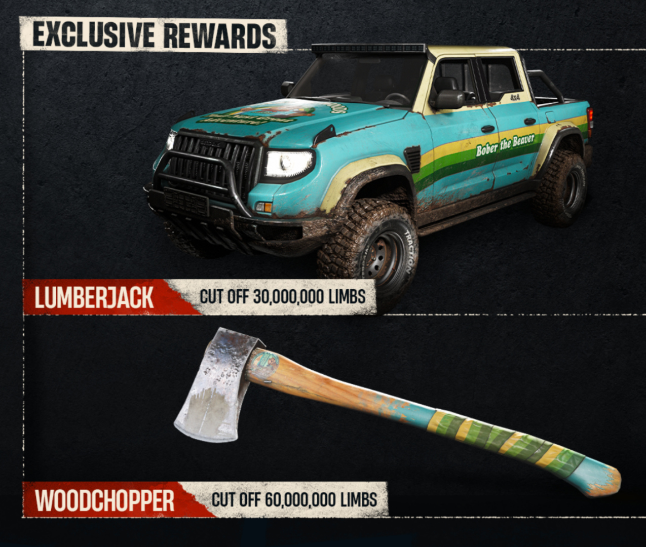 Promobild zu einem In-Game-Event aus Dying Light: The Beast, das exklusive Belohnungen zeigt: einen türkis-grünen Pickup-Truck mit dem Schriftzug „Bober the Beaver“ und eine geschliffene Axt mit Holzgriff und grün-gelbem Tape. Die Belohnungen heißen „Lumberjack“.