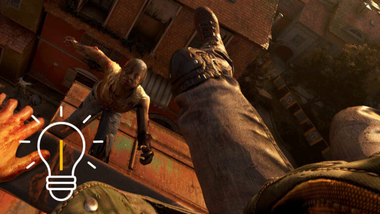 A zombie attacks a man who is falling while moving across rooftops.